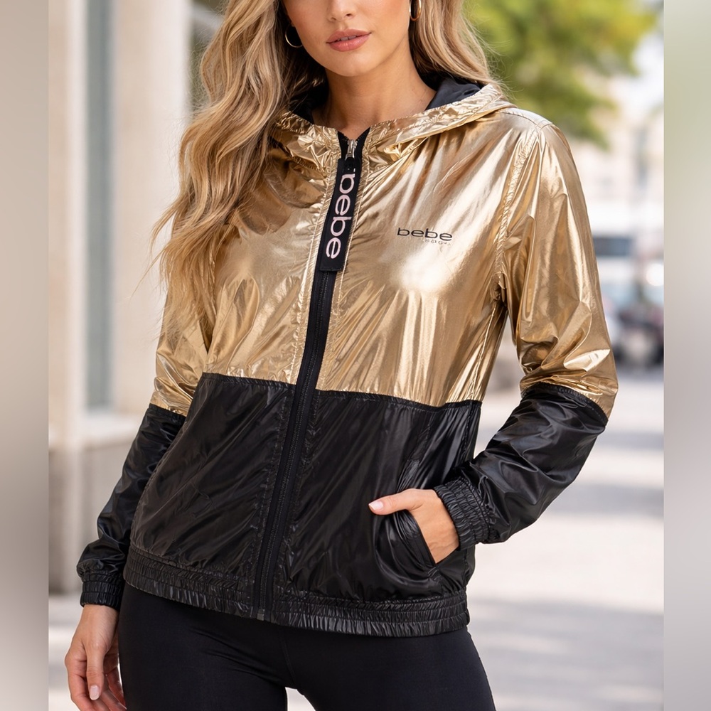 NWT Bebe Sport Womens Gold Hooded Metallic Full  Zip Windbreaker Jacket Large